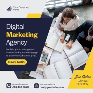 Blue and Yellow Simple Digital Marketing Agency Facebook Post
